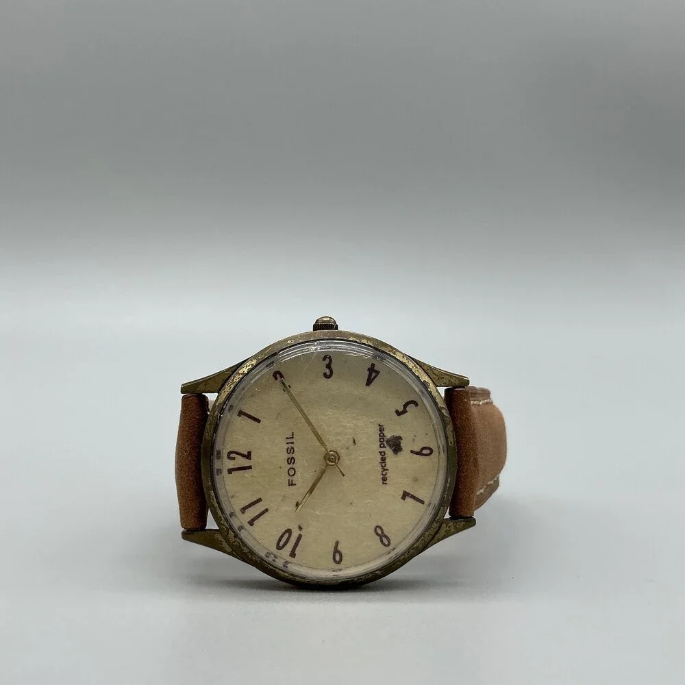 Fossil Unisex Watch 34mm Cream Recycled Paper Dial Brown Leather New Battery